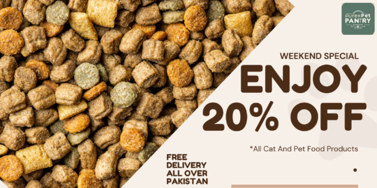 Cat food pellets with a promotional banner for a weekend special offer.